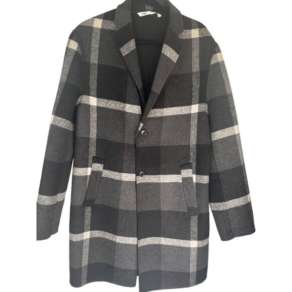 ZARA Womens Medium Gray & Black Plaid Wool Blend Coat - Picture 14 of 16